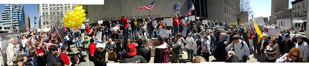 Panorama from several images during a tax day rally at the Peoria County Courthouse.